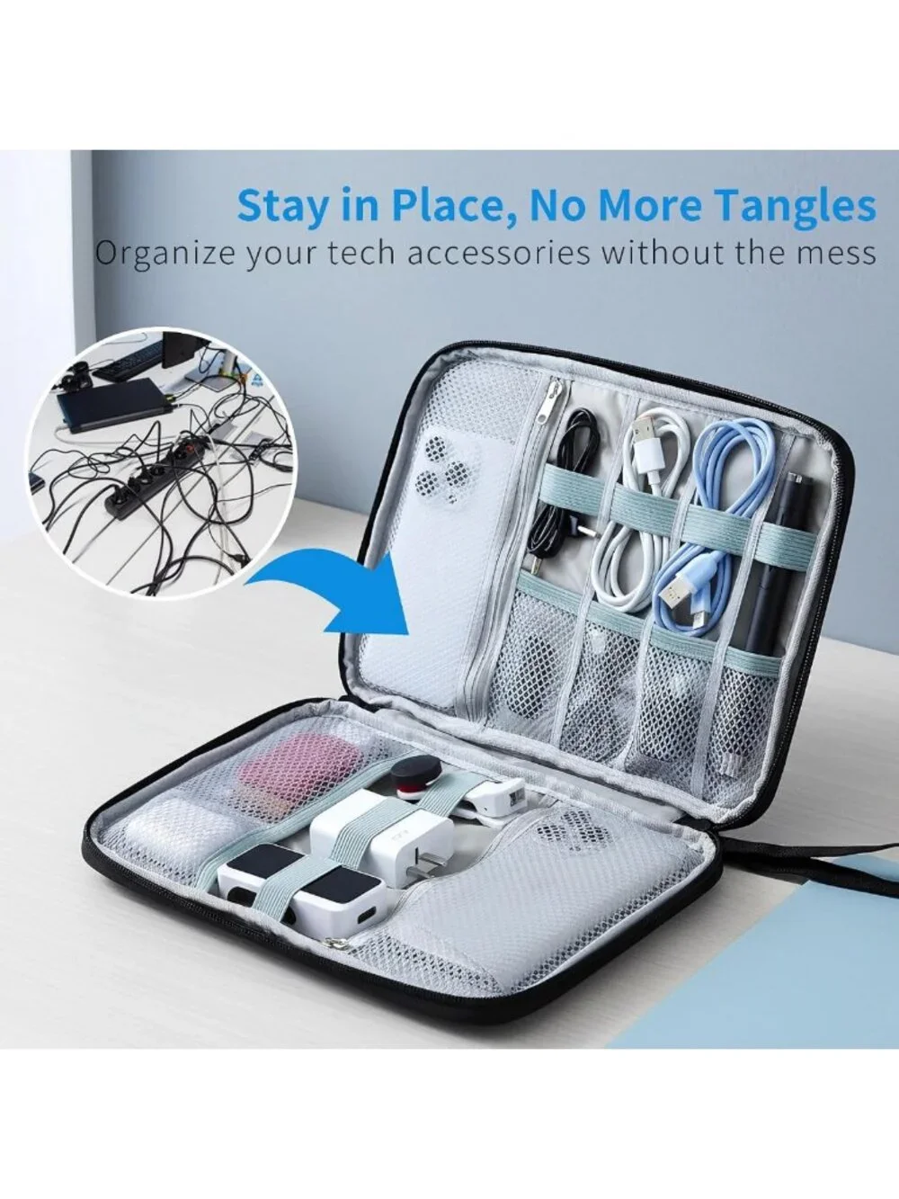 Large Travel Electronics Organizer Case for Cords & Chargers - Cable Pouch & Bag